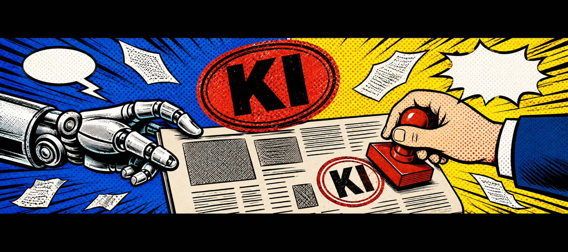 KI-Kennzeichnungspflicht: Roboterhand reicht eine Zeitungsseite weiter, eine menschliche Hand stempelt sie mit einem roten KI-Stempel ab