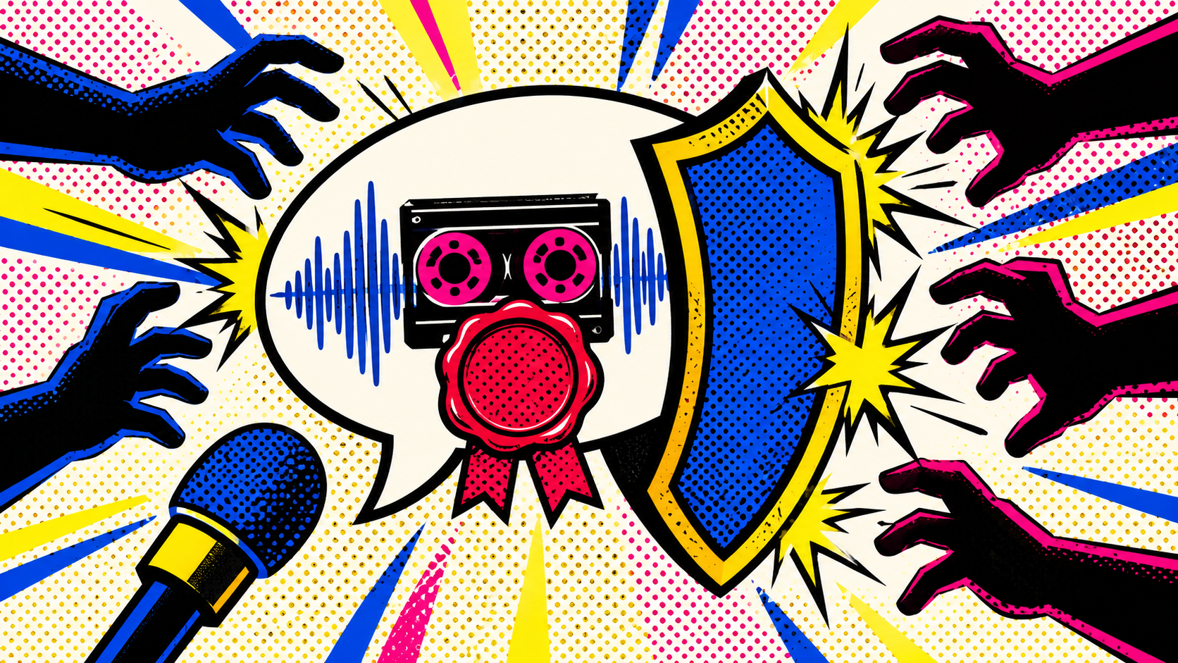 Quellenschutz Journalisten: Pop-Art-Illustration – versiegelte Interviewaufnahme hinter einem Schutzschild, greifende Hände prallen ab